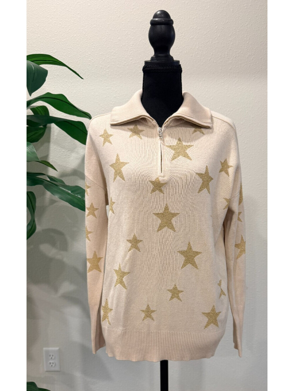 Chaser Gold Star Metallic Quarter Zip Sweater Sample NWT Women's Size Small